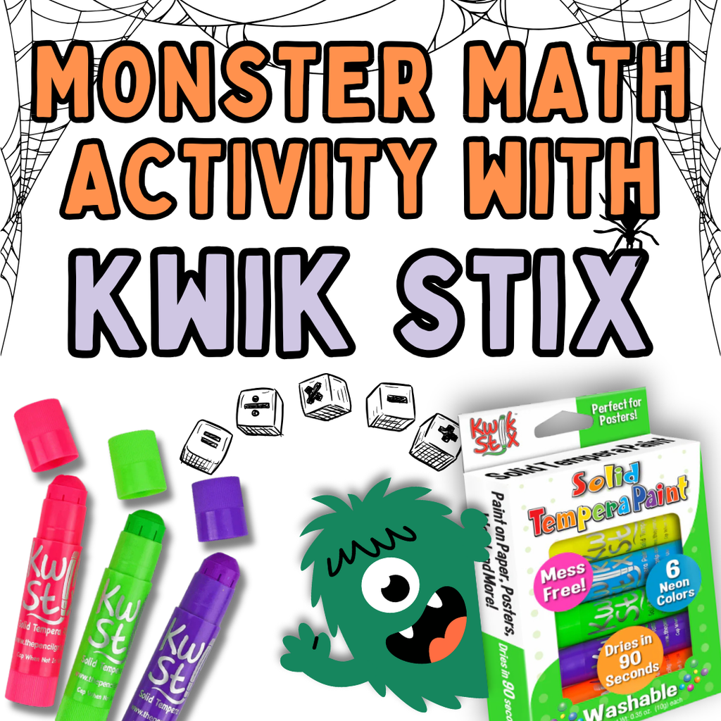 Colorful monster math activity featuring Kwik Stix paint sticks for hands-on learning fun.
