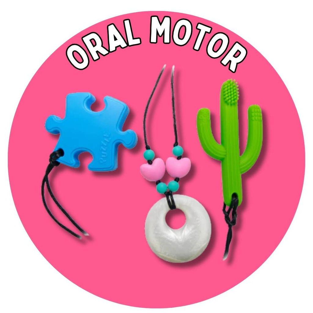 light pink circle with oral motor in white text and 3 oral motor devices