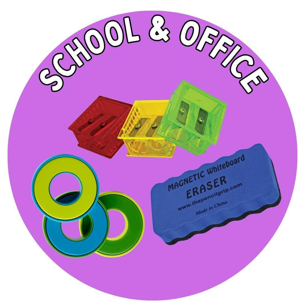 purple circle with school and office in white text