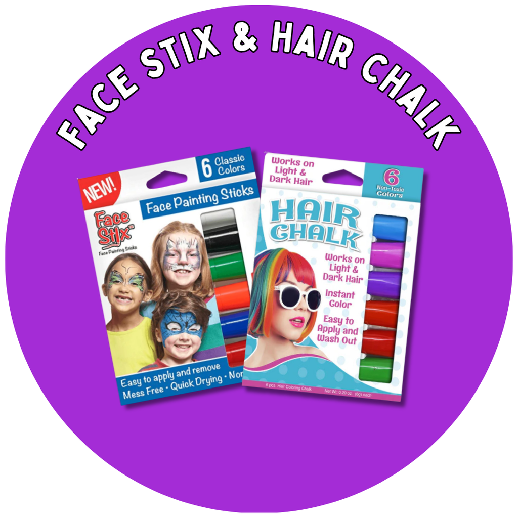 pink circle with face stix and hair chalk in white text