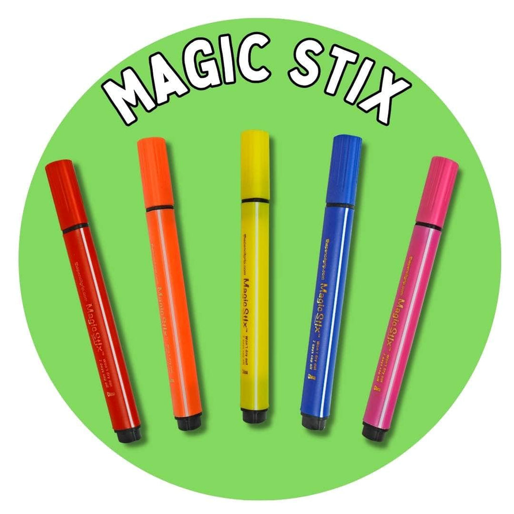 teal circle reading magic stix white text with 5 magic stix markers in image