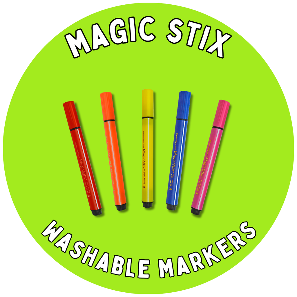 teal circle reading magic stix white text with 5 magic stix markers in image