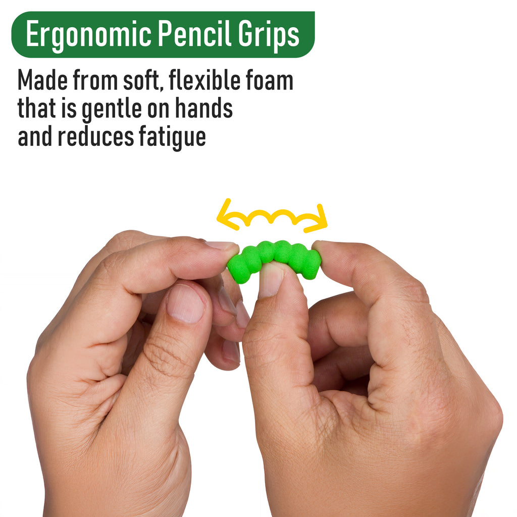 Ergonomic pencil grip being held by hands with text about its benefits.