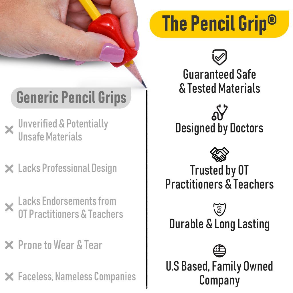 Promotional image of 'The Pencil Grip' with a hand holding a pencil, highlighting its features.