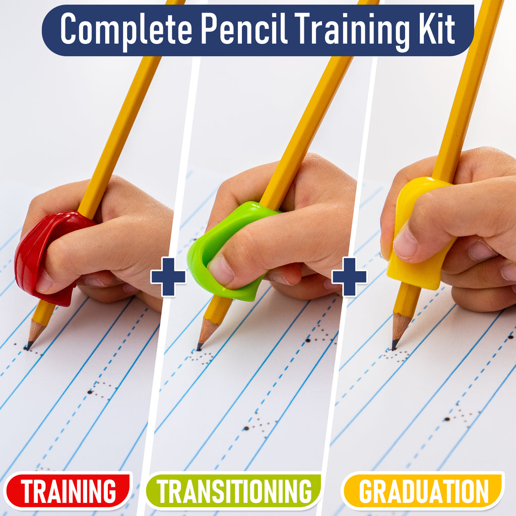 Three stages of pencil grip training with colorful holders on lined paper.