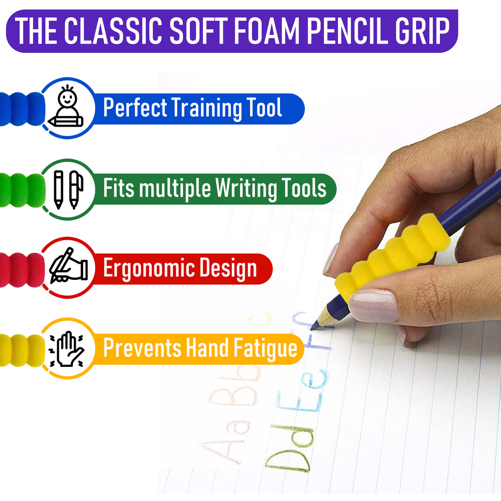 Hand holding a pencil with text about the classic soft foam pencil grip on a white background