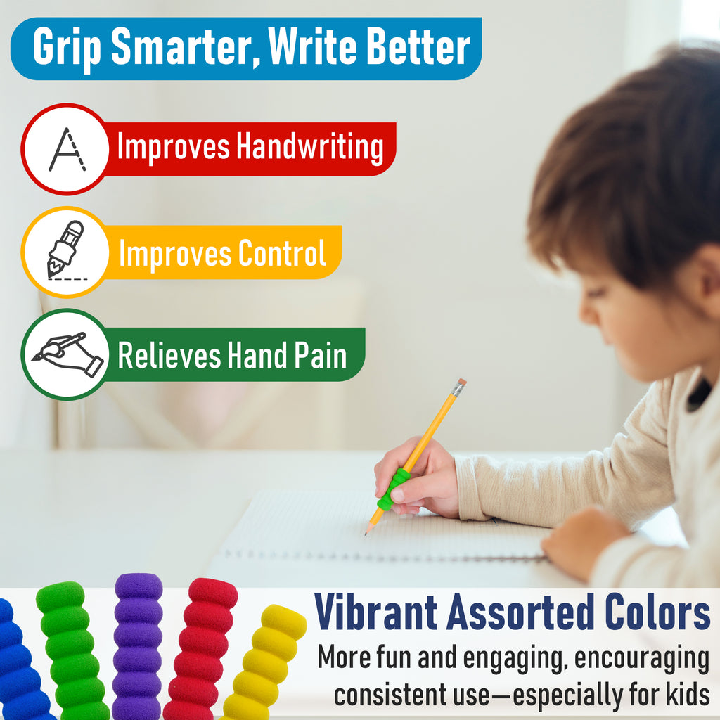 Child writing with a pencil, promoting improved handwriting and hand control, with colorful tools below.