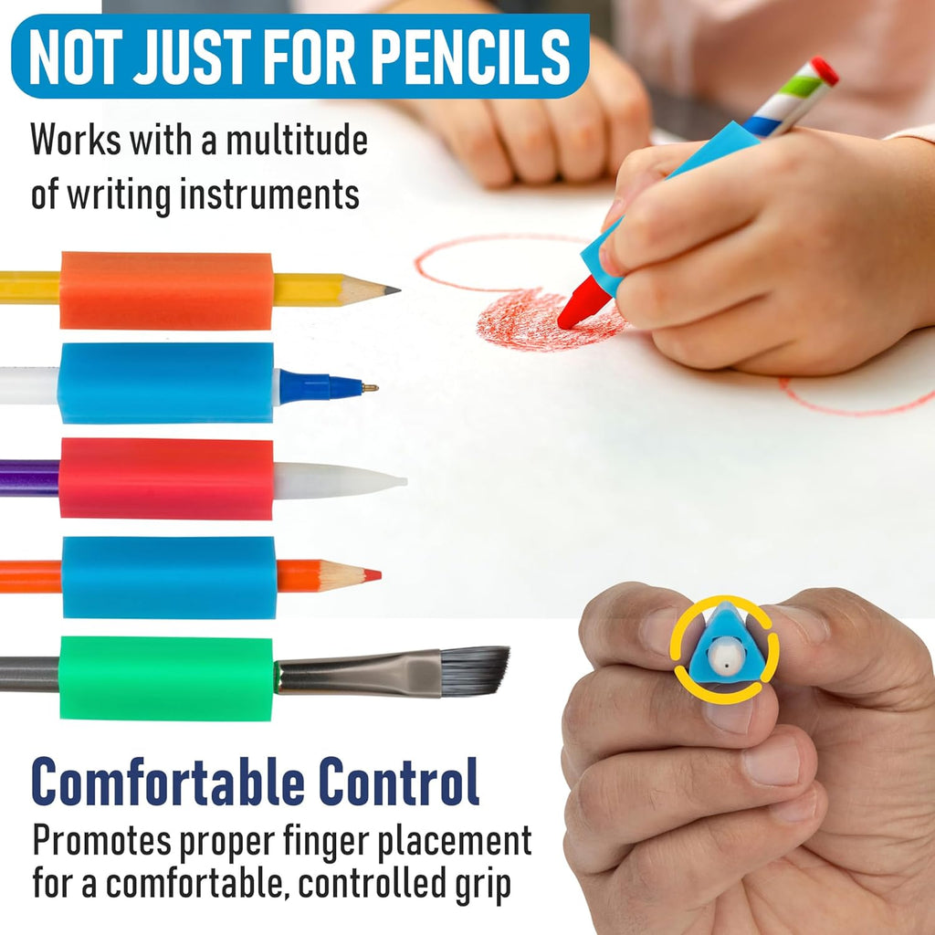 Colorful writing instruments with a focus on comfort and control, shown in use.