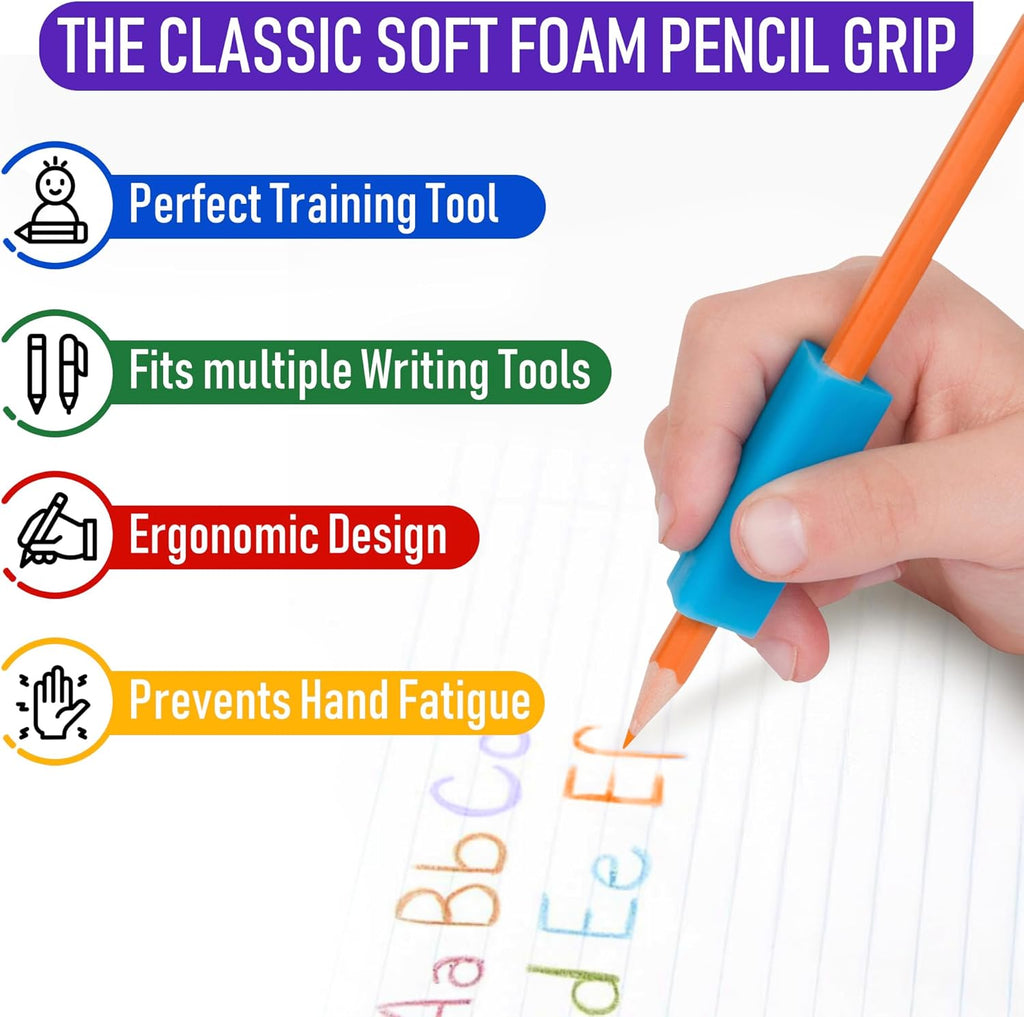 Hand holding an orange pencil with a blue soft foam pencil grip, on a white background with text about the product's features.