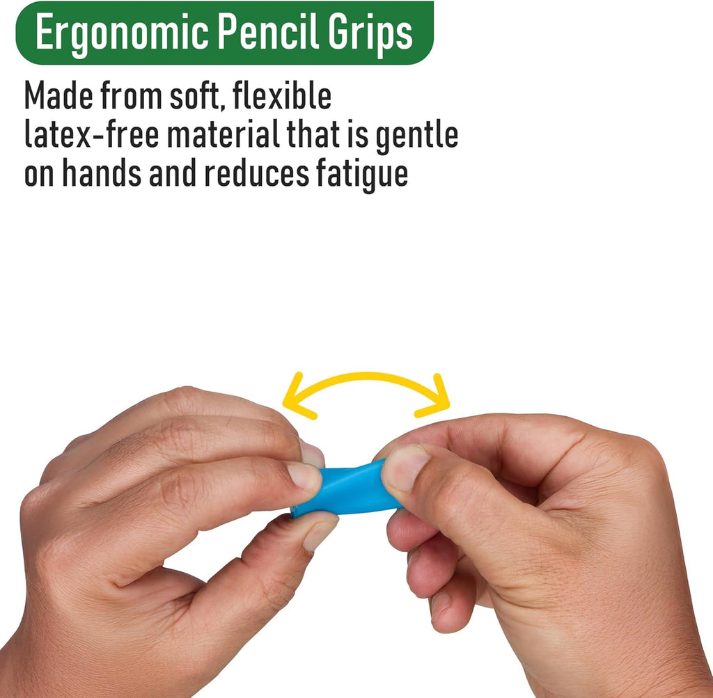Ergonomic pencil grip being used with text highlighting its features