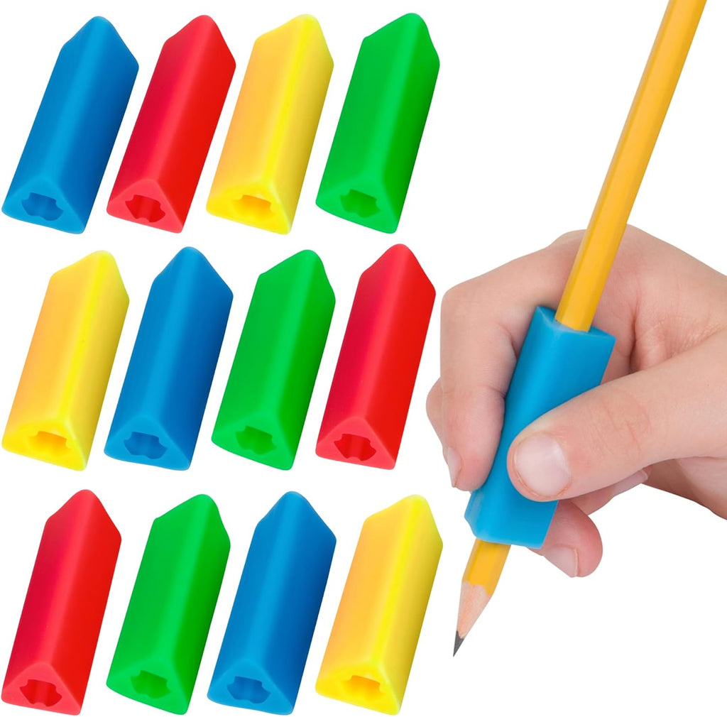 Colorful pencil grips on a white background with a hand holding a pencil.