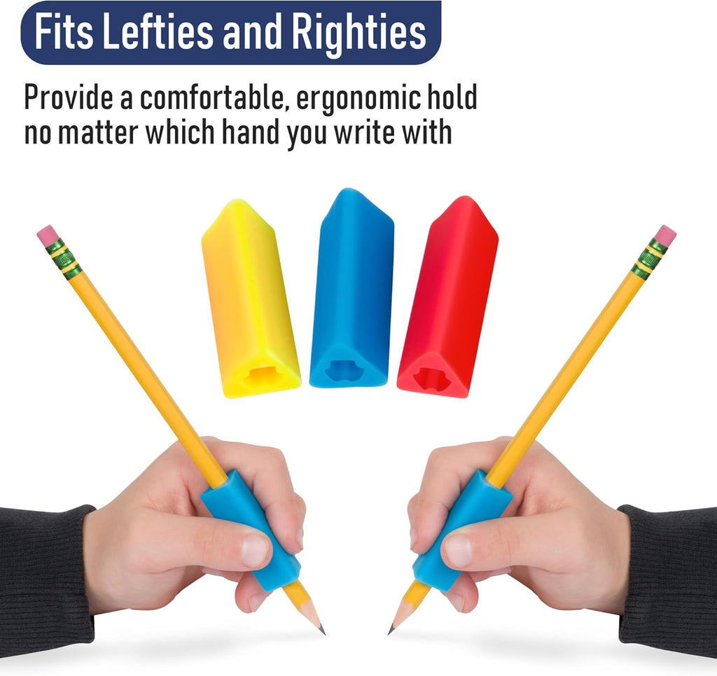Ergonomic pencil grips in blue, yellow, red, and pink with text indicating compatibility for lefties and righties.
