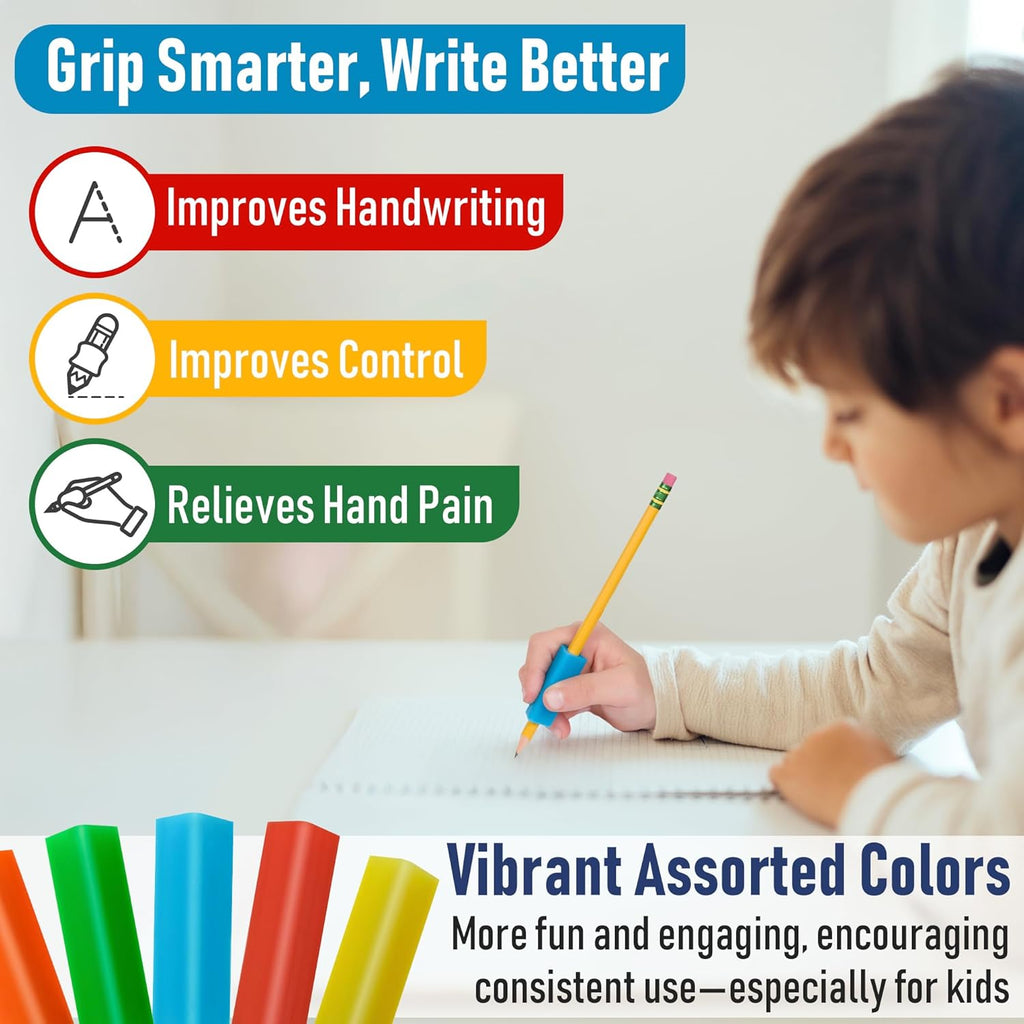 Child writing with a pencil, surrounded by colorful grips, with text highlighting benefits on a light background.