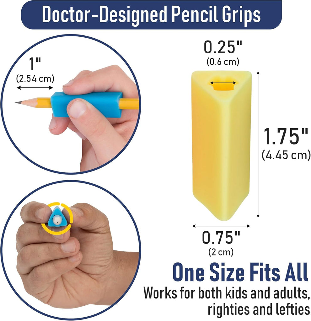 Pencil grips with measurements and usage examples on a white background