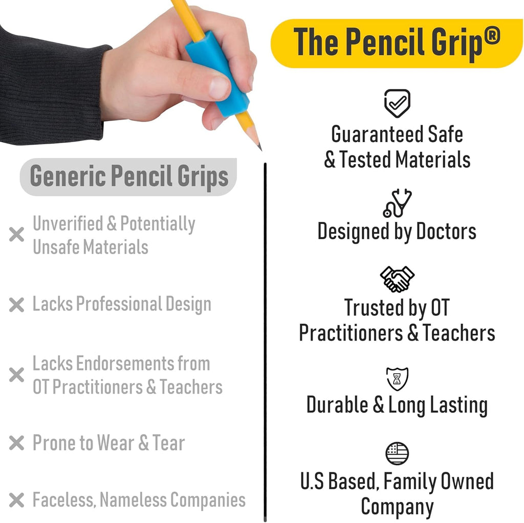 Hand holding a pencil with 'The Pencil Grip' branding and features listed on a white background.