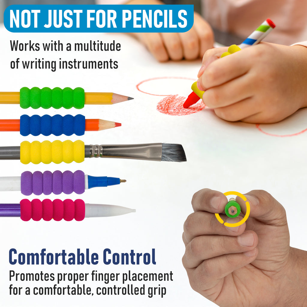 Colorful writing instruments with grips being used by children, promoting proper finger placement.