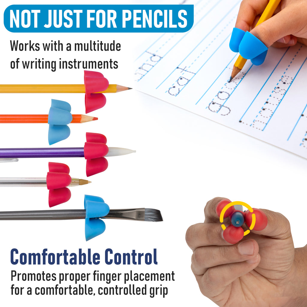 Colorful pencil grips being used on writing instruments with text about comfort and control.