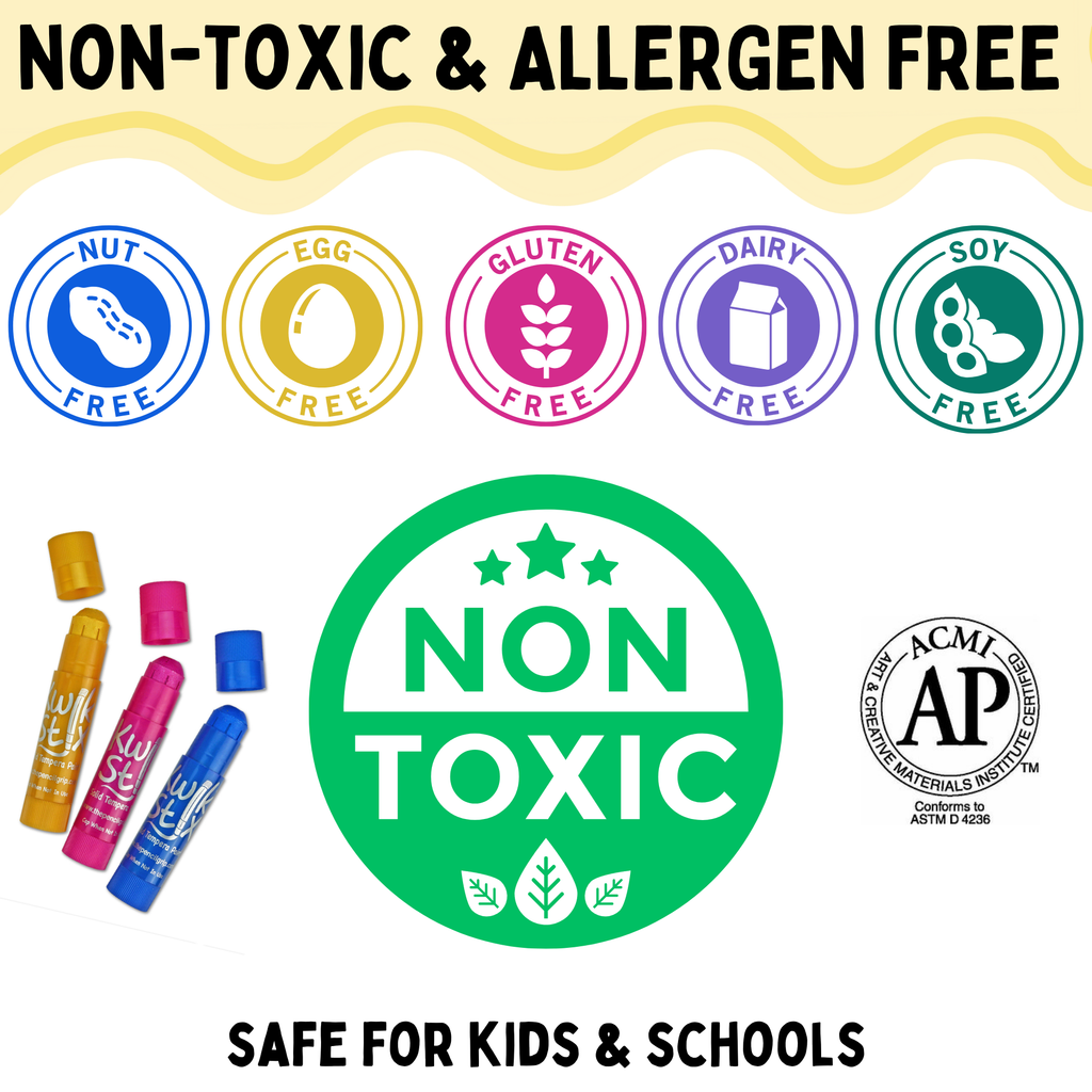 Collection of labels and icons indicating various health and safety certifications for Kwik Stix. At the top, a yellow banner reads ‘NON-TOXIC & ALLERGEN FREE’ followed by icons for ‘NUT FREE,’ ‘EGG FREE,’ ‘GLUTEN FREE,’ ‘DAIRY FREE,’ and ‘SOY FREE.’ Below, five colorful bottles with caps are labeled in blue, purple, red, green, and yellow. In the center, a larger green seal states ‘NON TOXIC’ with an ACMI AP (Art & Creative Materials Institute Approved Product) certification mark. 