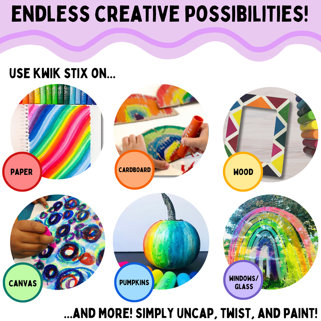 Image of Kwik Stix, highlighting its endless creative possibilities. The product is shown being used on various surfaces such as paper, cardboard, wood, canvas, pumpkins, and windows/glass. Each surface features a different colorful design created with Kwik Stix. The text emphasizes that to use it, one simply needs to uncap, twist, and paint.