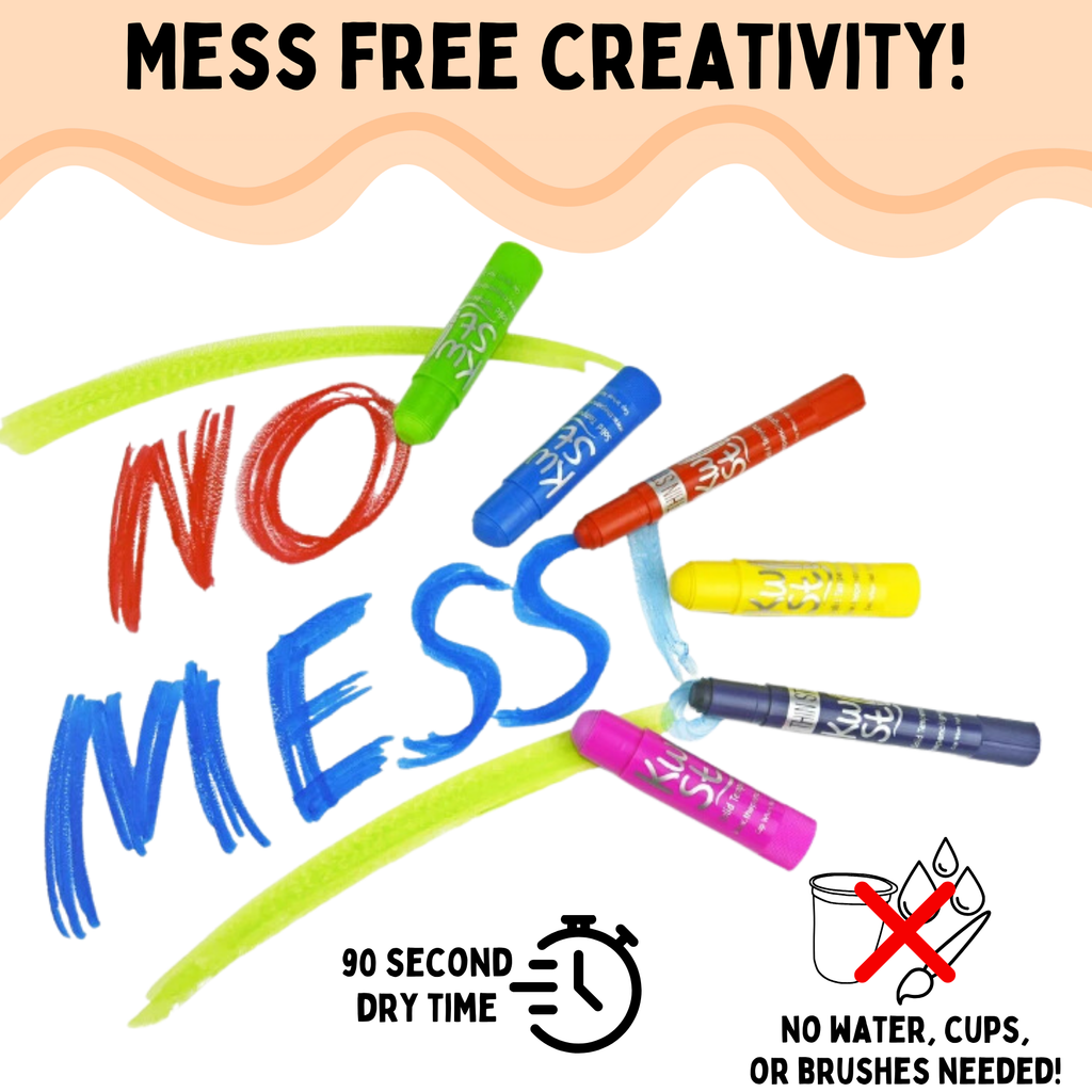  Graphic for Kwik Stix highlighting ‘MESS FREE CREATIVITY!’ The image shows several Kwik Stix in various colors with their caps off, spelling out ‘NO MESS’ in different colors. Below, icons indicate ‘90 SECOND DRY TIME’ with a stopwatch icon and ‘NO WATER, CUPS, OR BRUSHES NEEDED!’ with corresponding prohibitory symbols over a water droplet, cup, and paintbrush. 