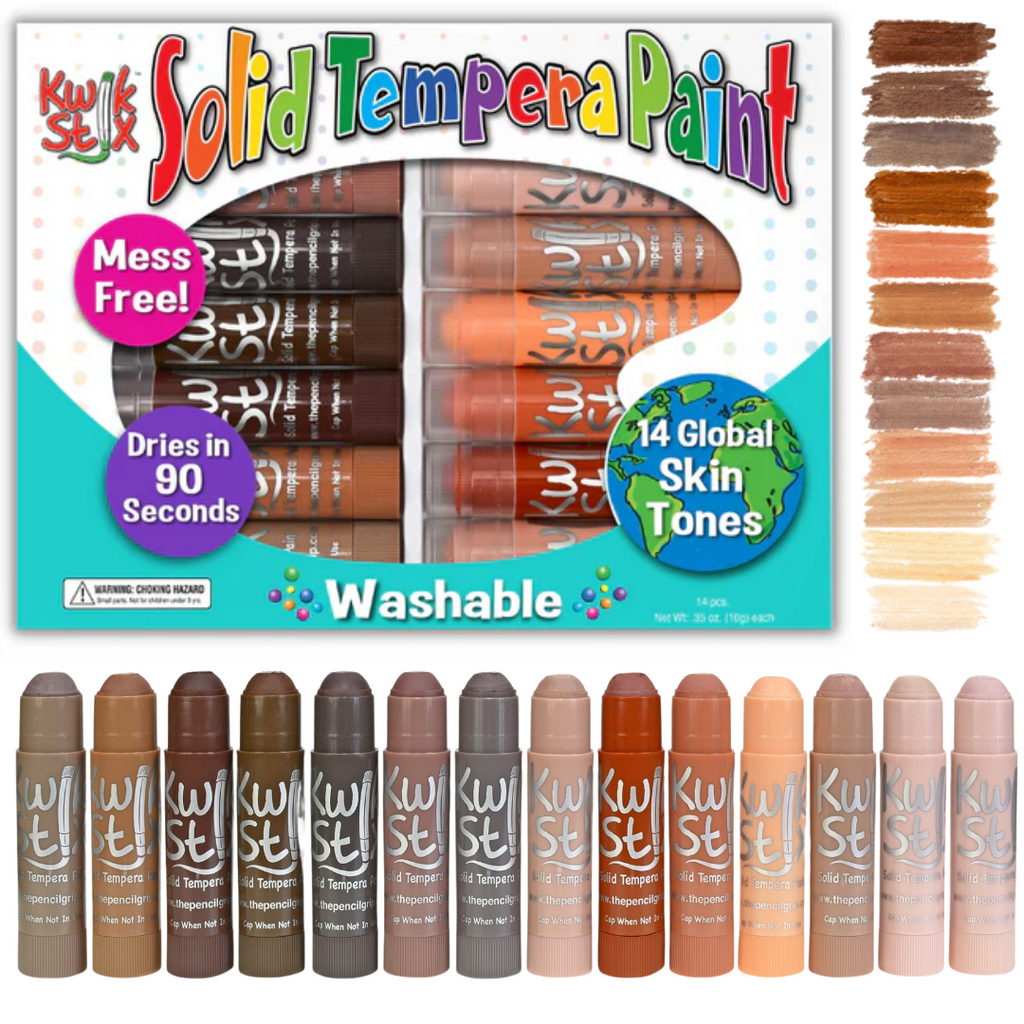 kwik stix global skin tones 14 pack with packaging, sticks and color swatches.