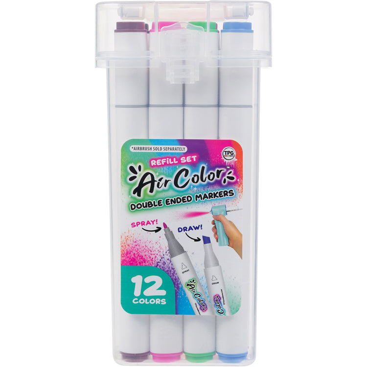 Set of double-ended markers with colorful caps in a clear plastic container on a white background.