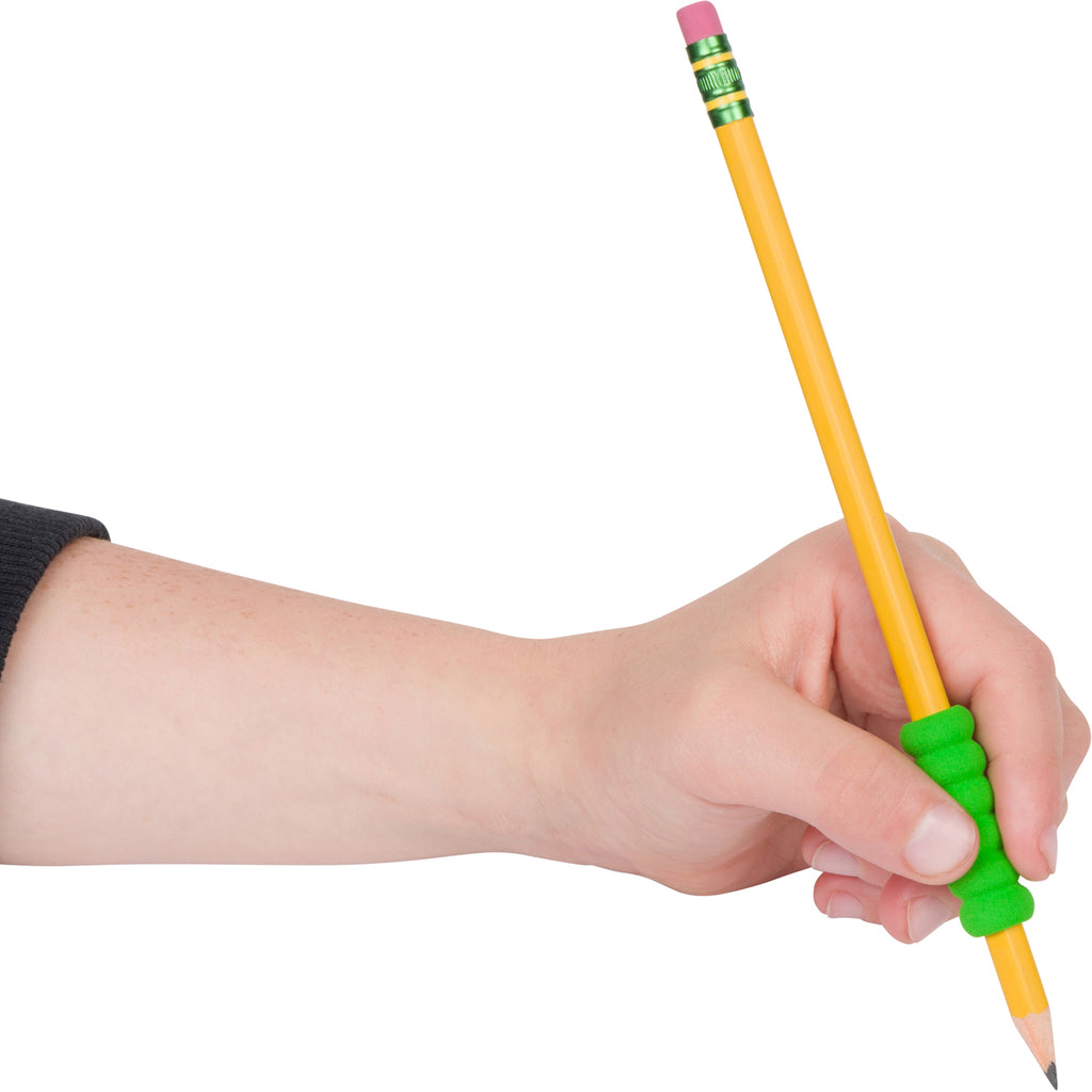 ridged foam pencil grip on pencil in hand