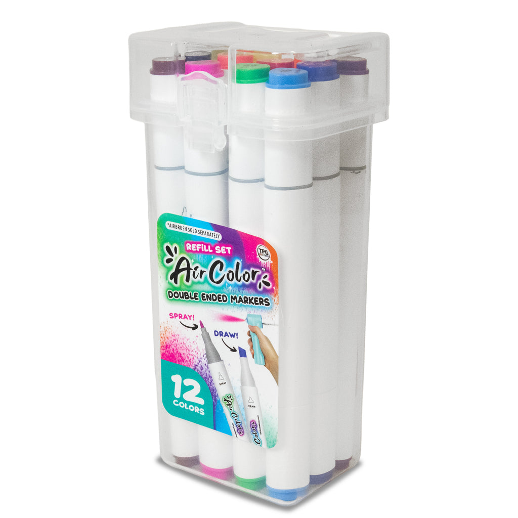 Set of double-ended markers in a clear container with colorful caps on a white background