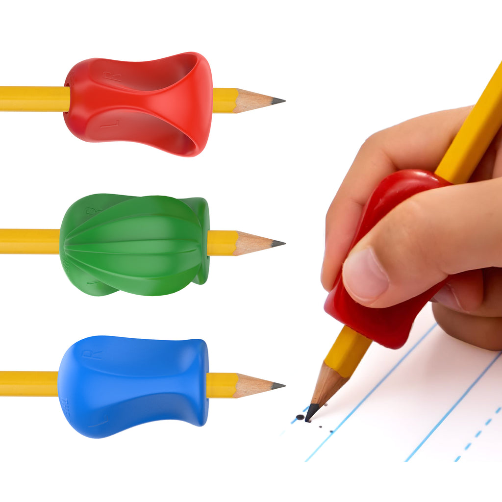Colorful pencil grips on pencils with a hand using a red grip on a white background.