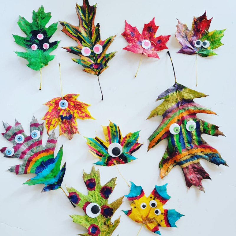 painted leaves with googly eyes